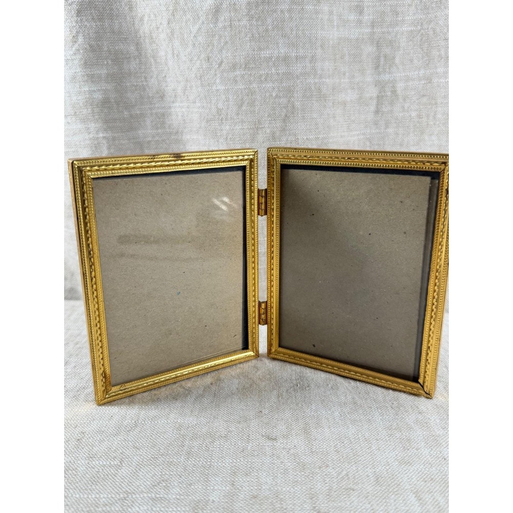 Double Picture Frame Vintage Gold Beaded Hinged Folding 3x5 Ornate Metal Frame